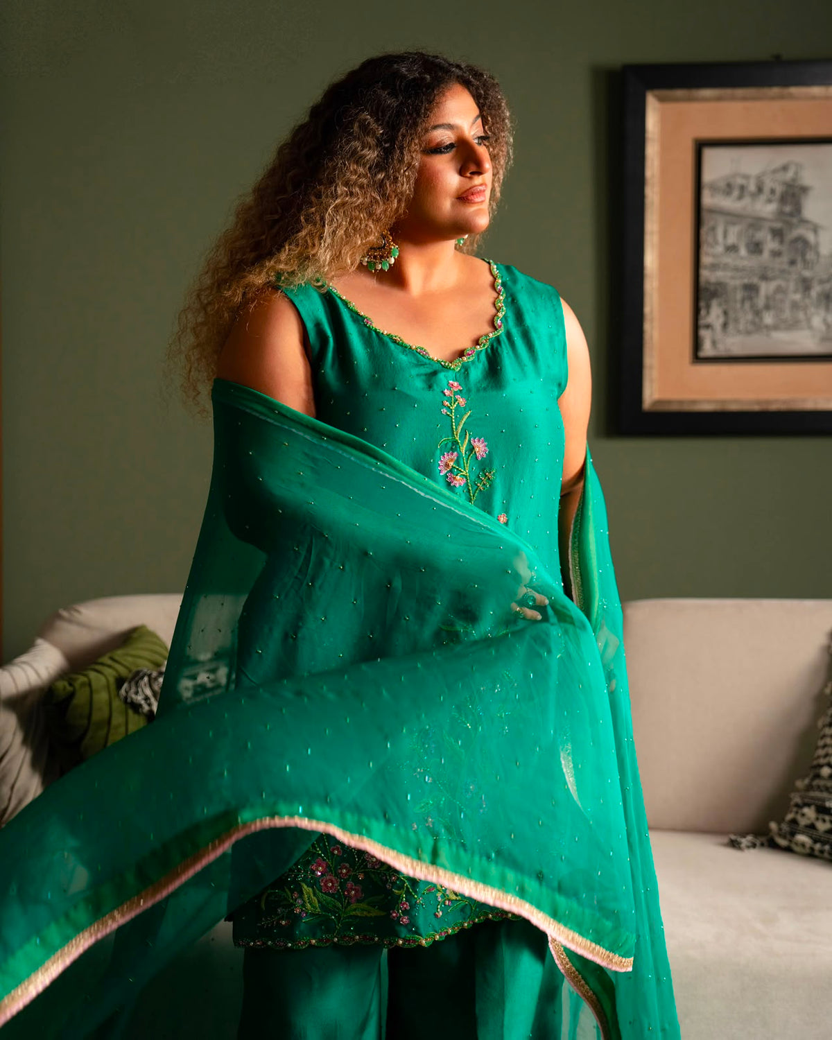 Dark green pure silk