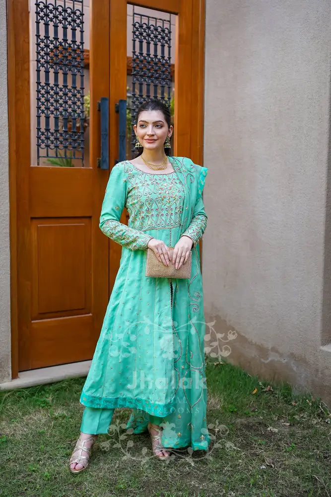 Kalidaar Mint With Organza Worked Dupatta.