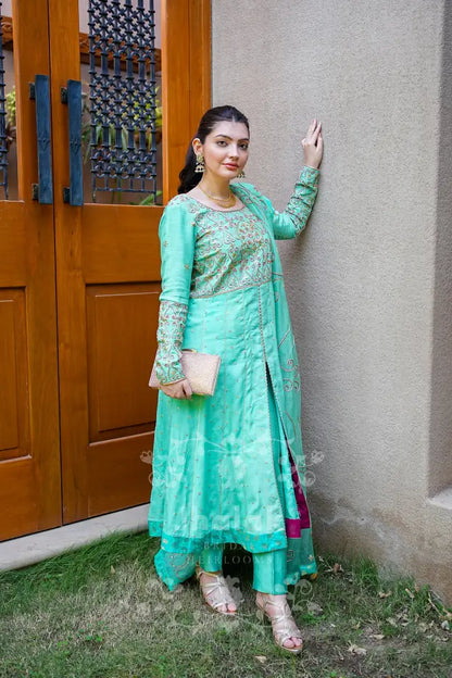 Kalidaar Mint With Organza Worked Dupatta.