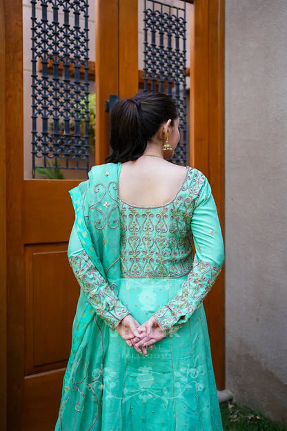 Kalidaar Mint With Organza Worked Dupatta.